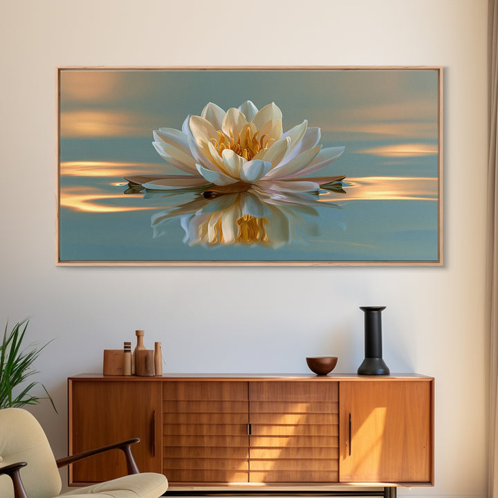 Lotus Flower Floating on Still Pond Framed Canvas Print, Spa Art, Travel Poster, Spa Decor, Watercolor Art, Serenity, SPA-2x1-72