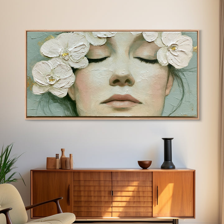 Minimal Face with Closed Eyes and Flowers Framed Canvas Print, Spa Art, Spa Wall Art, Spa Decor, Watercolor Art, Serenity, SPA-2x1-87