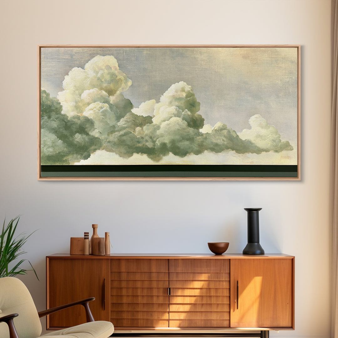 Soft Cloudscape in Cream and Sage Framed Canvas Print, Spa Art, Printable Wall Art, Spa Decor, Serenity, Feminine Wall Art, SPA-2x1-9