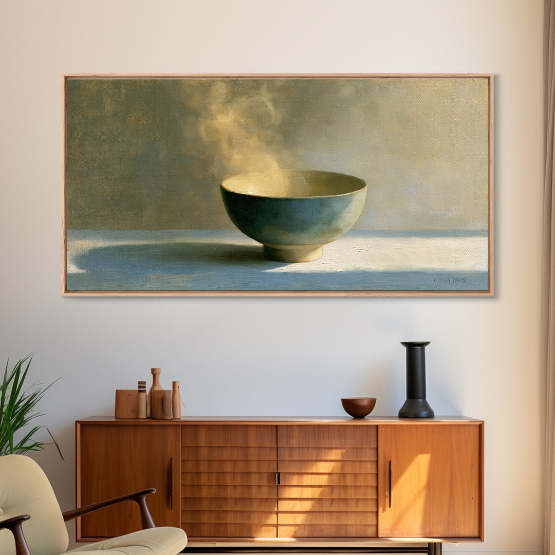 Tea Bowl and Steam Still Life Framed Canvas Print, Spa Art, Black Woman Art, Spa Decor, Oil Painting, Serenity, SPA-2x1-90