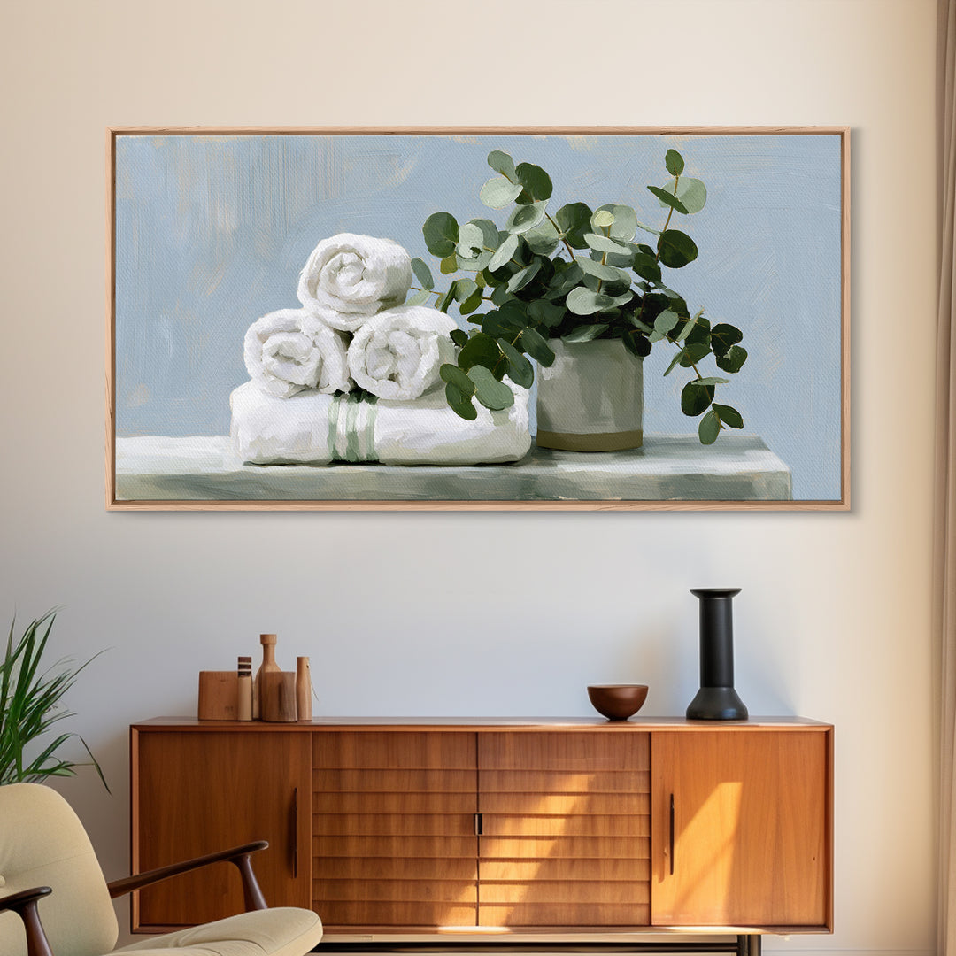 White Towels and Eucalyptus Without Room Context Framed Canvas Print, Spa Art, Abstract Print, Spa Decor, Oil Painting, SPA-2x1-92