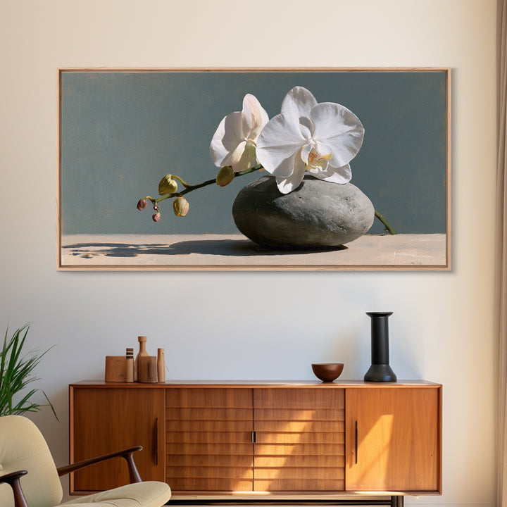 White Orchid on Smooth Gray Stone Canvas Print, Spa Art, Botanical Art, Spa Decor, Fine Art, Serenity, Fashion Wall Art, SPA-2x1-94
