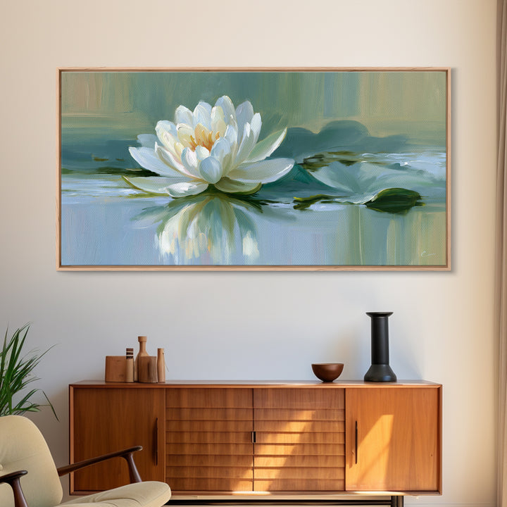 Lotus Flower Floating on Still Pond Framed Canvas Print, Spa Art, Dog Groomer Gifts, Spa Decor, Serenity, Fine Art Print, SPA-2x1-96