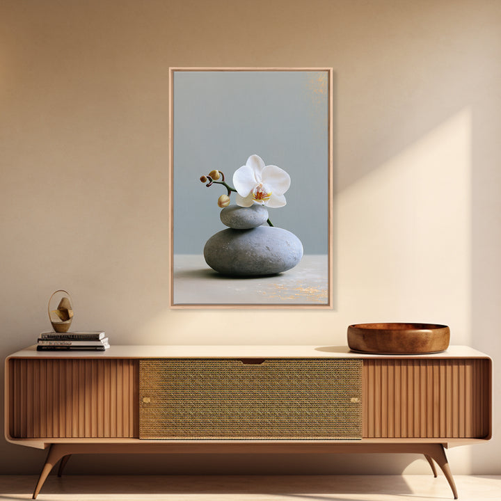 White Orchid on Smooth Gray Stone Canvas Print, Spa Art, Minimalist Decor, Spa Decor, Fine Art, Serenity, Contemporary Art, SPA-2x3-10