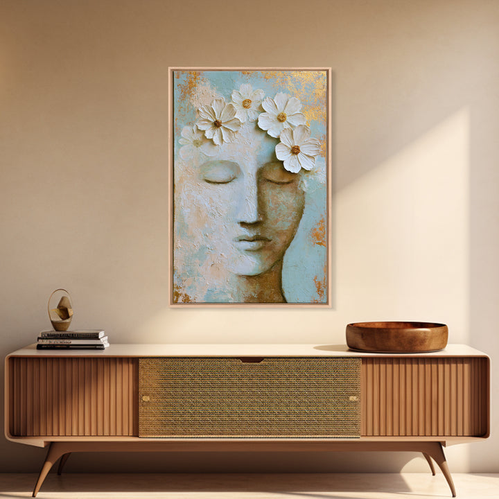 Minimal Face with Closed Eyes and Flowers Framed Canvas Print, Spa Art, Art Print, Spa Decor, Watercolor Art, Serenity, SPA-2x3-3