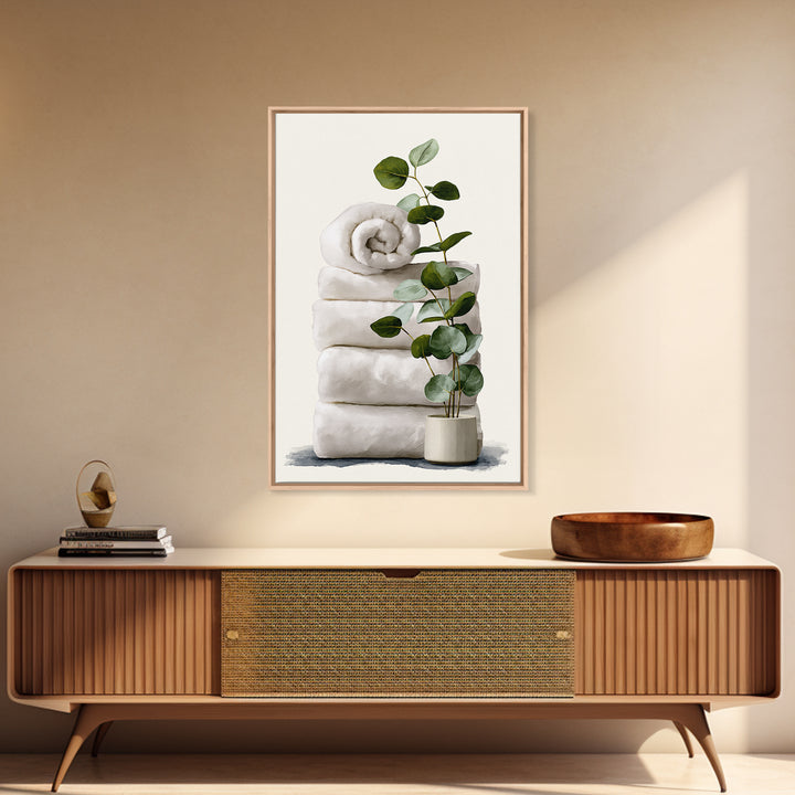 White Towels and Eucalyptus Without Room Context Canvas Print, Spa Art, Statement Artwork, Spa Decor, Fine Art, Serenity, SPA-2x3-32