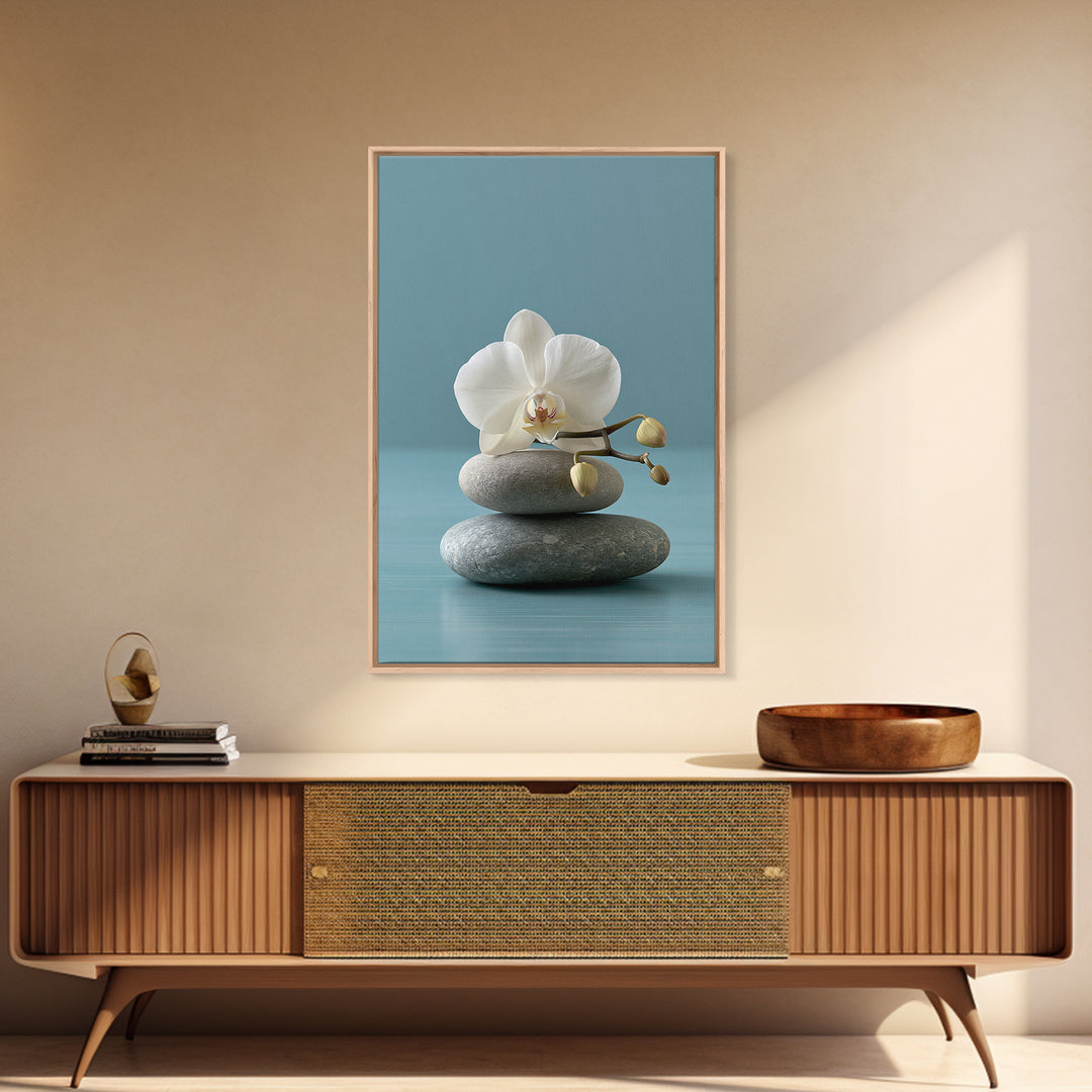 White Orchid on Smooth Gray Stone Framed Canvas Print, Spa Art, Printable Art, Spa Decor, Serenity, Fine Art Photography, SPA-2x3-34