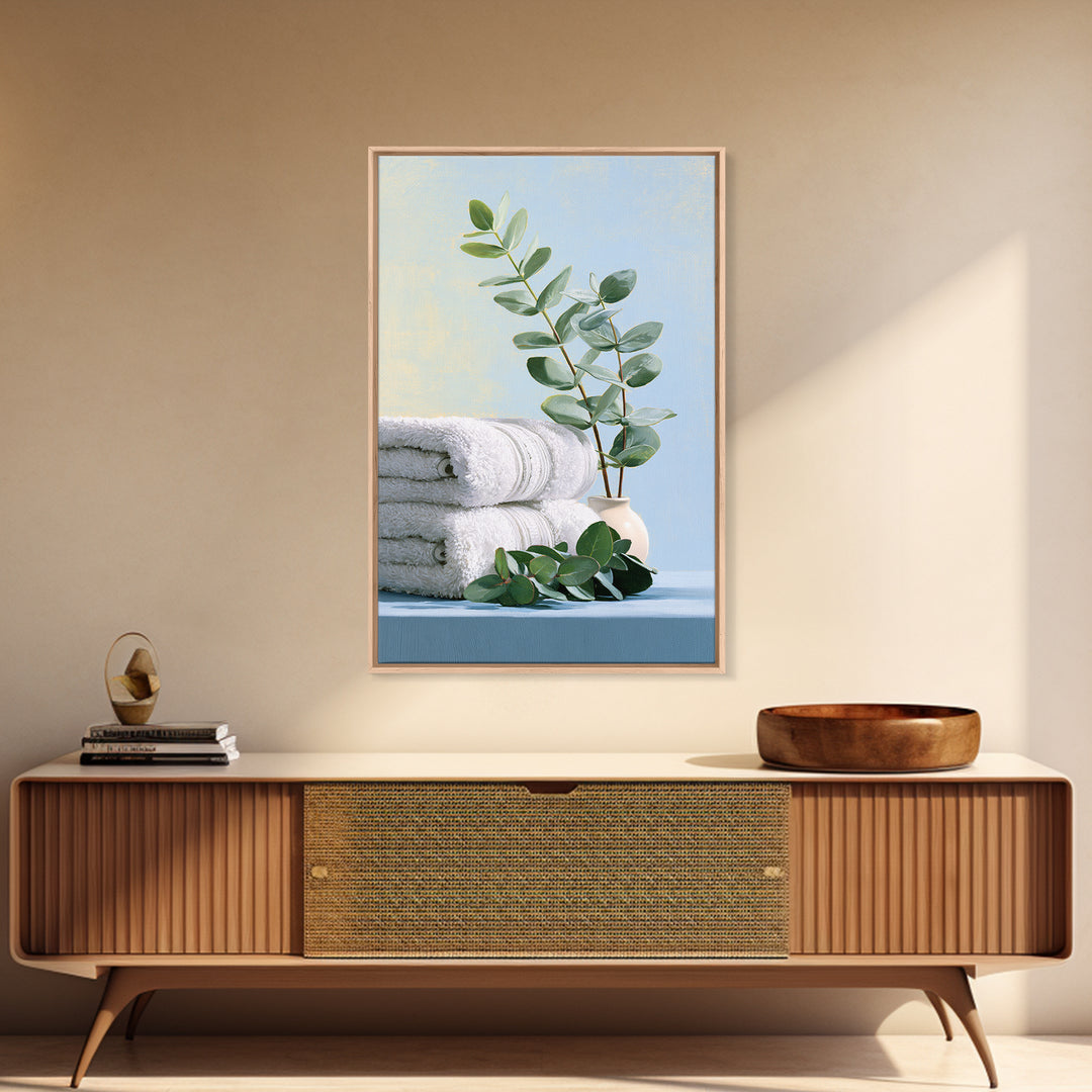White Towels and Eucalyptus Without Room Context Framed Canvas Print, Spa Art, Spa Decor, Abstract Art, Serenity, SPA-2x3-56