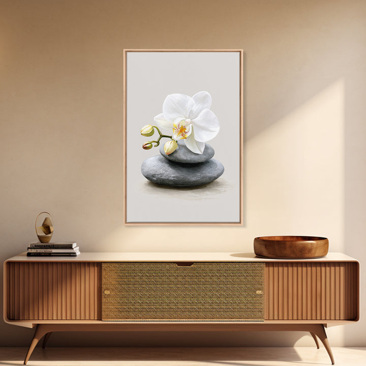 White Orchid on Smooth Gray Stone Canvas Print, Spa Art, Abstract, Spa Decor, Fine Art, Serenity, City Art, Spa Wall Art, SPA-2x3-58