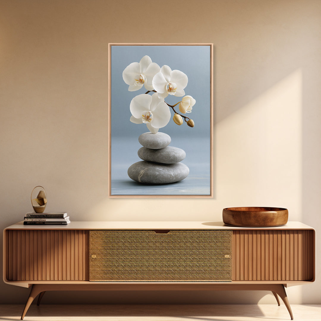 White Orchid on Smooth Gray Stone Canvas Print, Spa Art, Abstract, Spa Decor, Fine Art, Serenity, City Art, Spa Wall Art, SPA-2x3-82