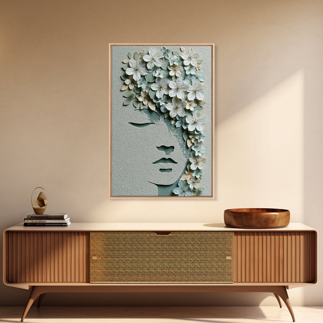 Minimal Face with Closed Eyes and Flowers Canvas Print, Spa Art, Spa Wall Art, Spa Decor, Watercolor Art, Serenity, SPA-2x3-99