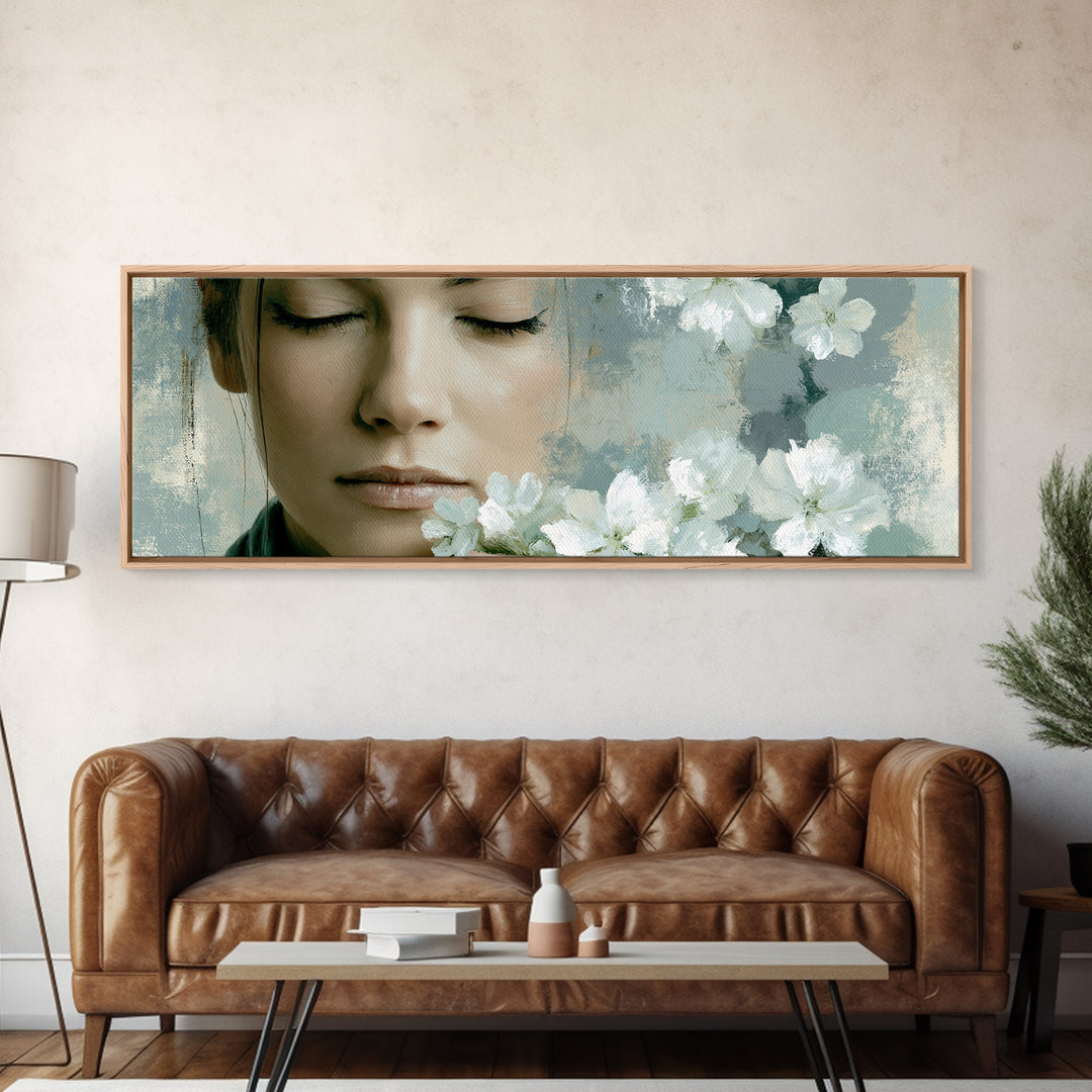 Minimal Face with Closed Eyes and Flowers Canvas Print, Spa Art, Wildlife Wall Art, Spa Decor, Serenity, Minimalist Decor, SPA-3x1-11