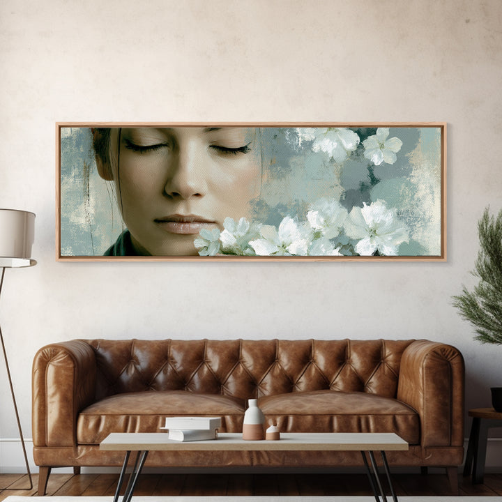 Minimal Face with Closed Eyes and Flowers Canvas Print, Spa Art, Wildlife Wall Art, Spa Decor, Serenity, Minimalist Decor, SPA-3x1-11