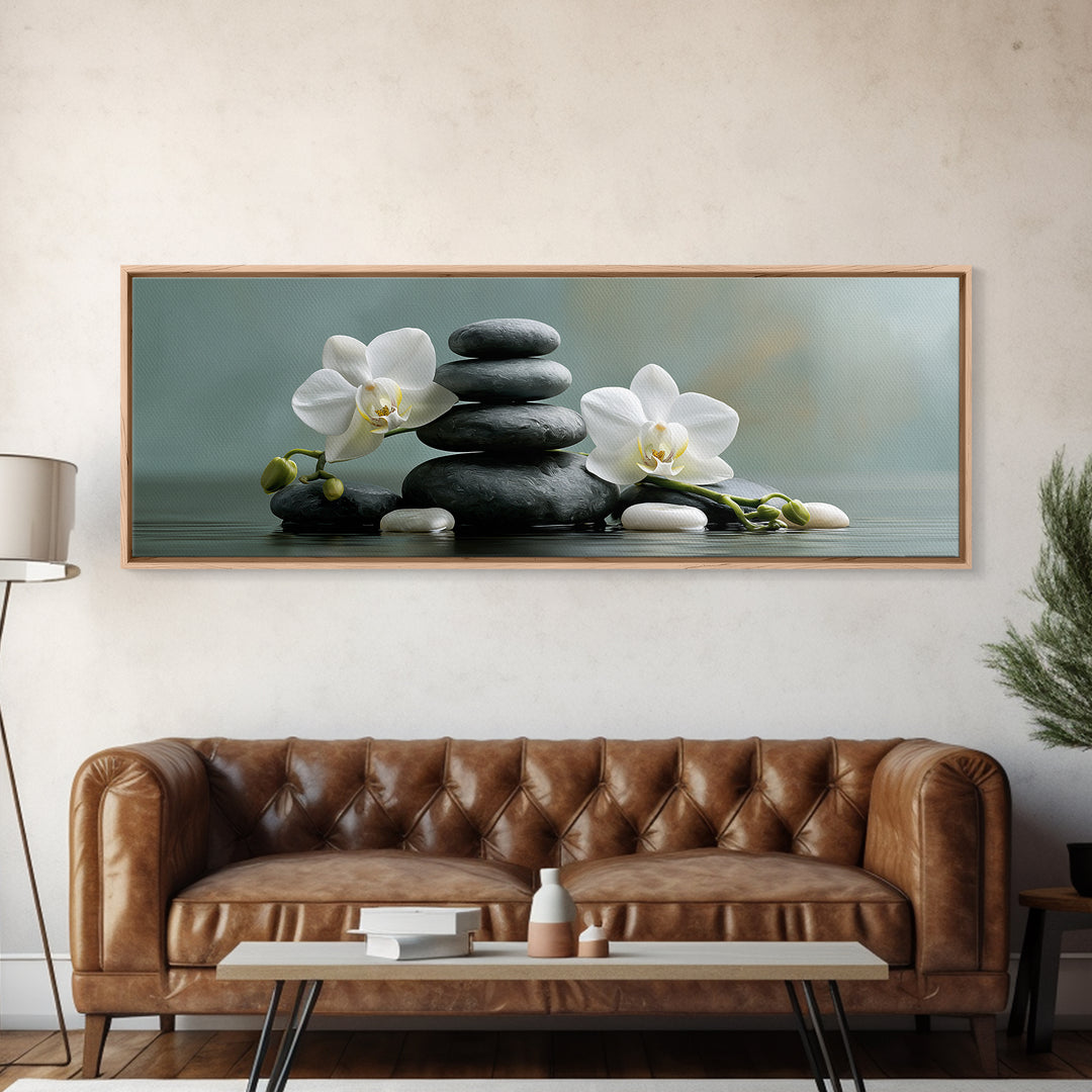 White Orchid on Smooth Gray Stone Framed Canvas Print, Spa Art, Dog Wall Art, Spa Decor, Fine Art, Serenity, Dog Canvas, SPA-3x1-18