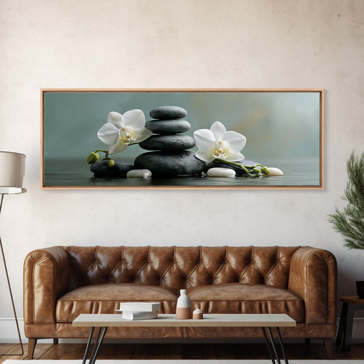 White Orchid on Smooth Gray Stone Framed Canvas Print, Spa Art, Dog Wall Art, Spa Decor, Fine Art, Serenity, Dog Canvas, SPA-3x1-18