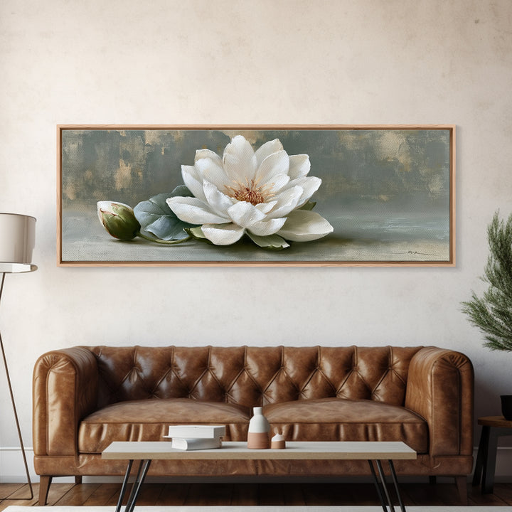 Single White Flower on Linen Ground Canvas Print, Spa Art, Salon Decor, Spa Decor, Oil Painting, Serenity, Statement Artwork, SPA-3x1-33