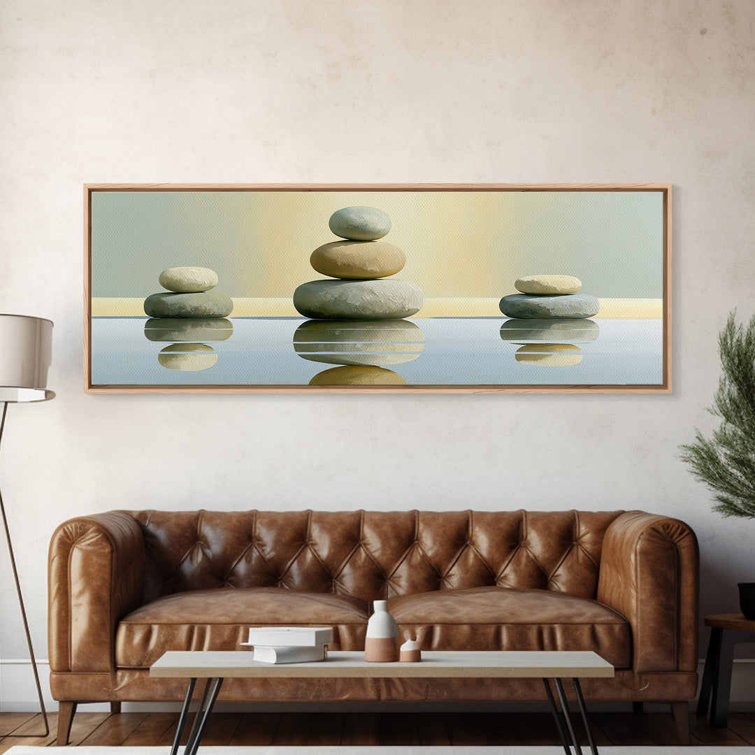 Stacked Stones Beside Calm Water Canvas Print, Spa Art, Wildlife Wall Art, Spa Decor, Watercolor Art, Serenity, SPA-3x1-41