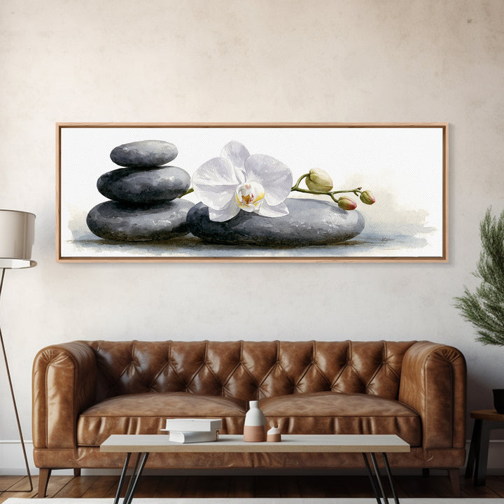 White Orchid on Smooth Gray Stone Canvas Print, Spa Art, Modern Home Decor, Spa Decor, Fine Art, Serenity, Neutral Decor, SPA-3x1-42