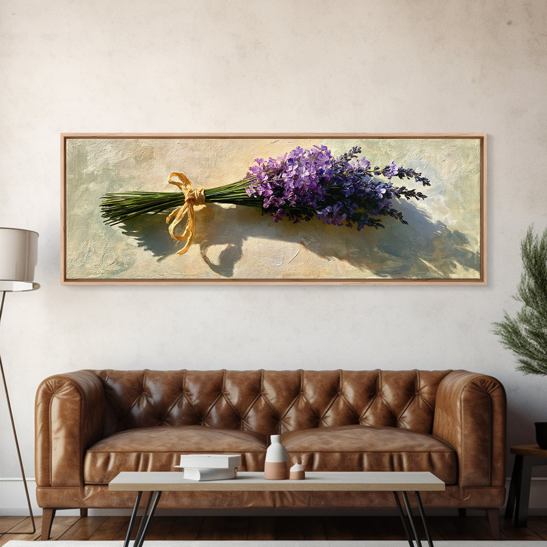 Lavender Bundle with Soft Shadow Framed Canvas Print, Spa Art, Black Woman Art, Spa Decor, Oil Painting, Serenity, SPA-3x1-47