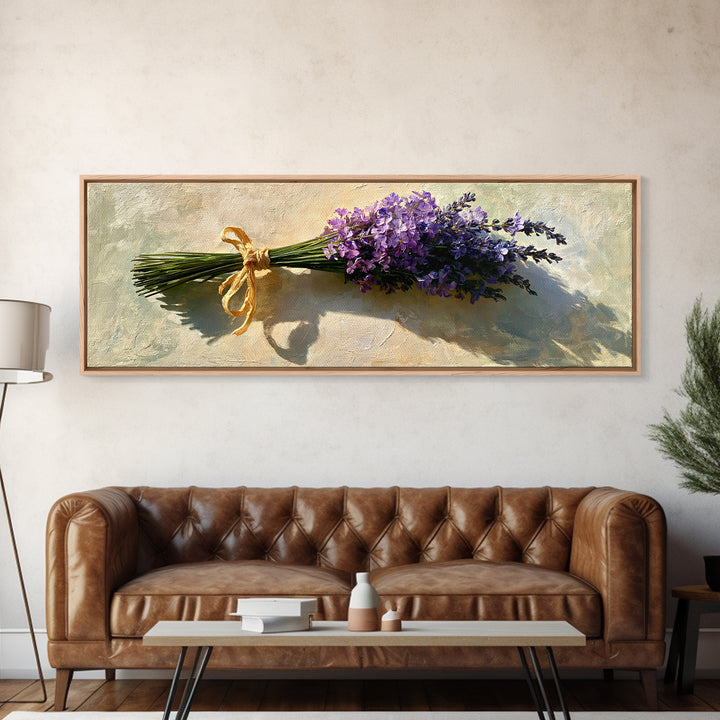 Lavender Bundle with Soft Shadow Framed Canvas Print, Spa Art, Black Woman Art, Spa Decor, Oil Painting, Serenity, SPA-3x1-47