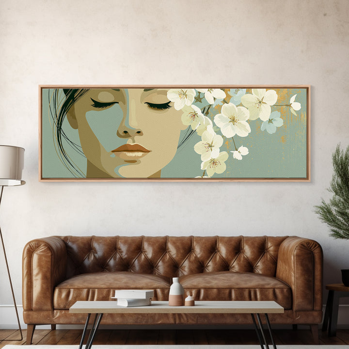 Minimal Face with Closed Eyes and Flowers Framed Canvas Print, Spa Art, Printable Wall Art, Spa Decor, Watercolor Art, Serenity, SPA-3x1-59