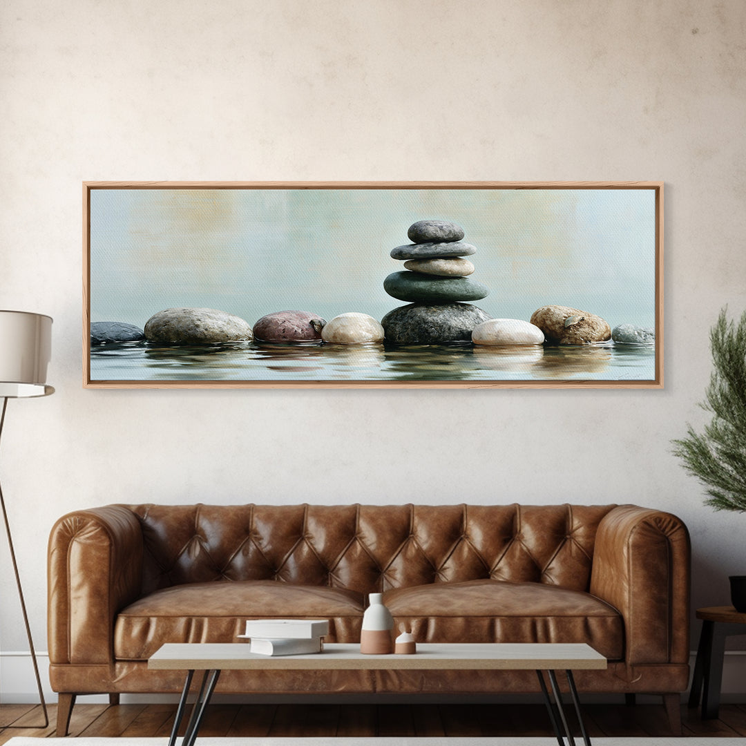 Stacked Stones Beside Calm Water Canvas Print, Spa Art, Wildlife Wall Art, Spa Decor, Watercolor Art, Serenity, SPA-3x1-65