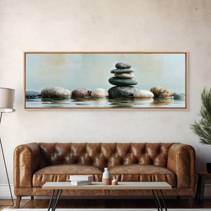 Stacked Stones Beside Calm Water Canvas Print, Spa Art, Wildlife Wall Art, Spa Decor, Watercolor Art, Serenity, SPA-3x1-65