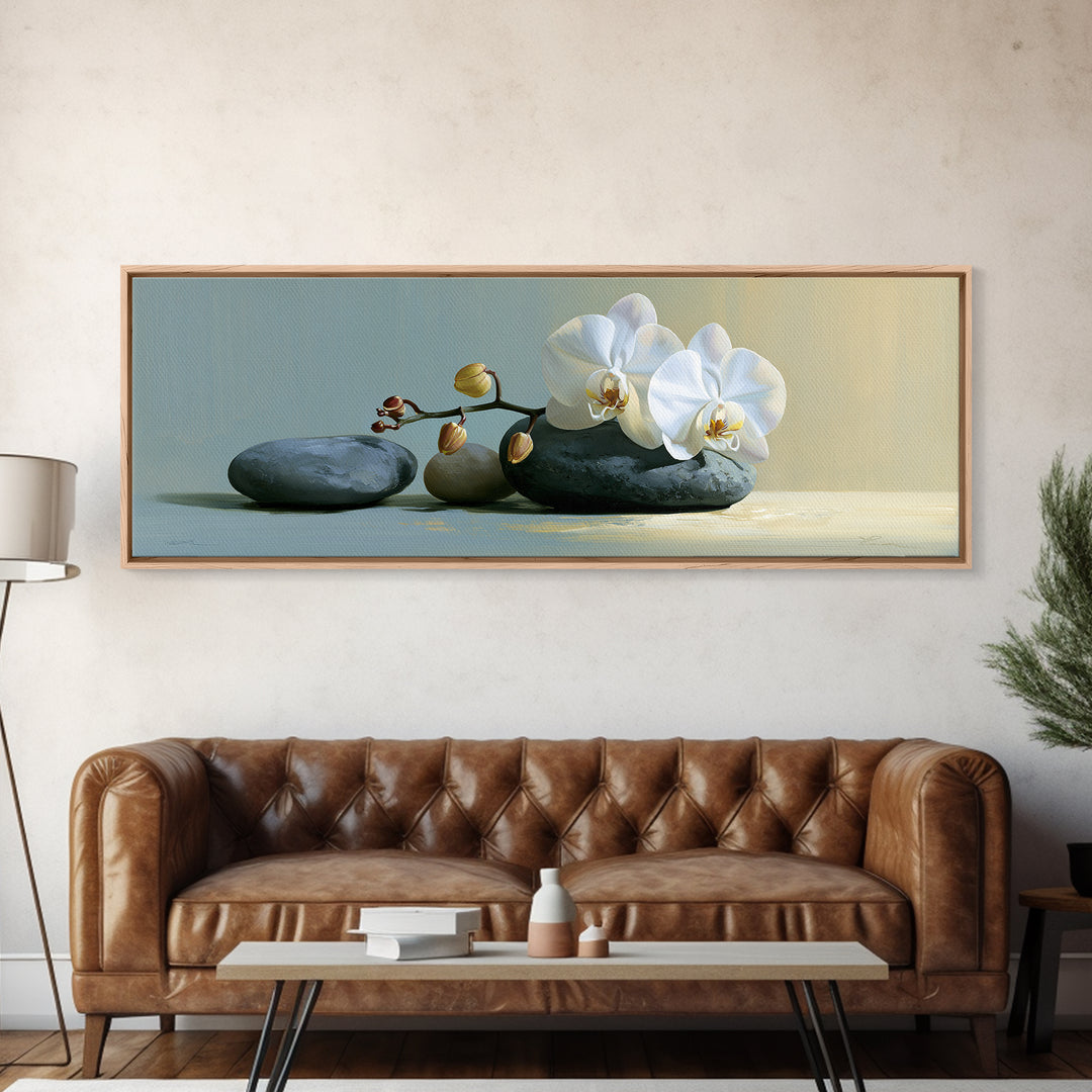 White Orchid on Smooth Gray Stone Canvas Print, Spa Art, Modern Home Decor, Spa Decor, Fine Art, Serenity, Neutral Decor, SPA-3x1-66