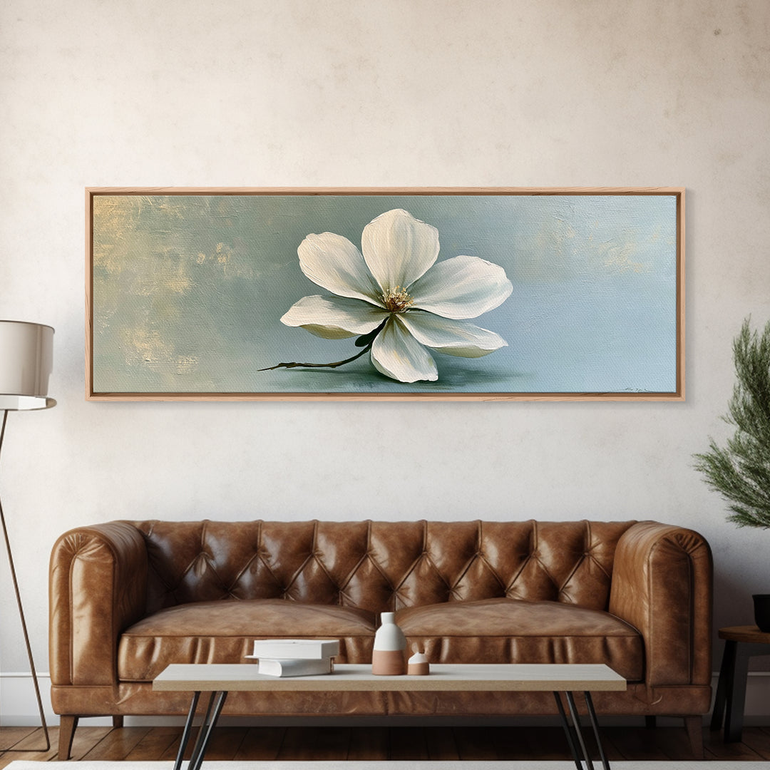 Single White Flower on Linen Ground Framed Canvas Print, Spa Art, Tarot Card Art, Spa Decor, Watercolor Art, Serenity, SPA-3x1-81