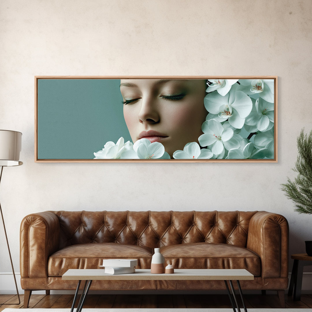Minimal Face with Closed Eyes and Flowers Canvas Print, Spa Art, Travel Poster, Spa Decor, Watercolor Art, Serenity, SPA-3x1-83