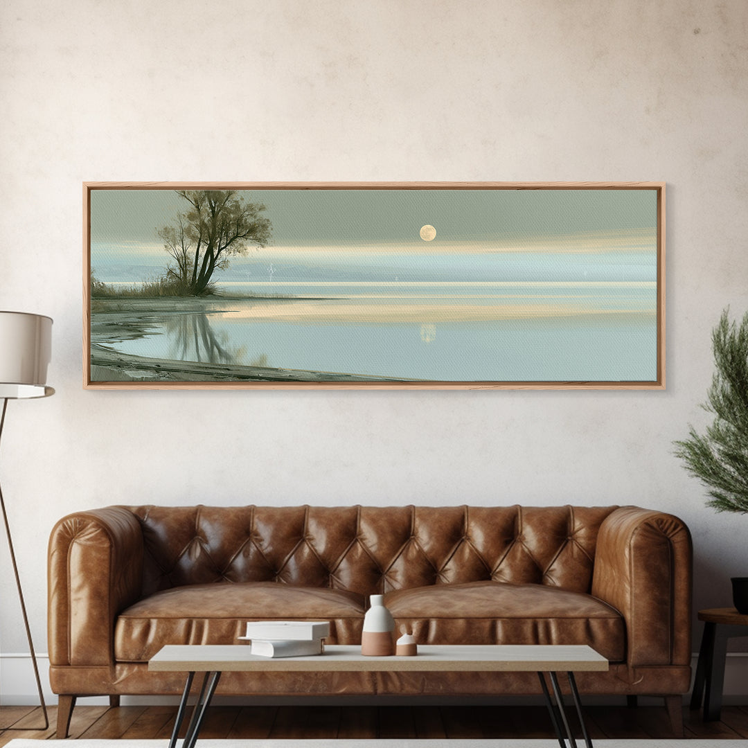 Moonlit Lake Reflection Framed Canvas Print, Spa Art, Abstract, Spa Decor, Watercolor Art, Serenity, City Art, Spa Wall Art, SPA-3x1-87