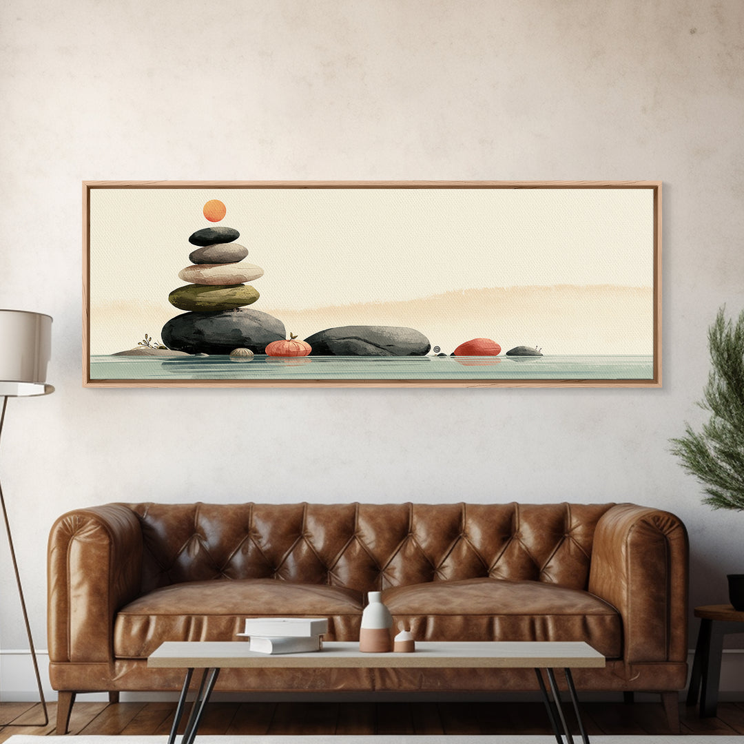 Stacked Stones Beside Calm Water Framed Canvas Print, Spa Art, Boho Decor, Spa Decor, Oil Painting, Serenity, Printable Art, SPA-3x1-89