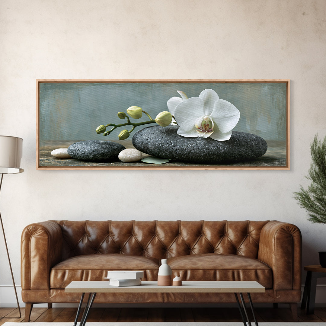 White Orchid on Smooth Gray Stone Framed Canvas Print, Spa Art, Teen Girl Room Decor, Spa Decor, Serenity, Luxury Decor, SPA-3x1-90