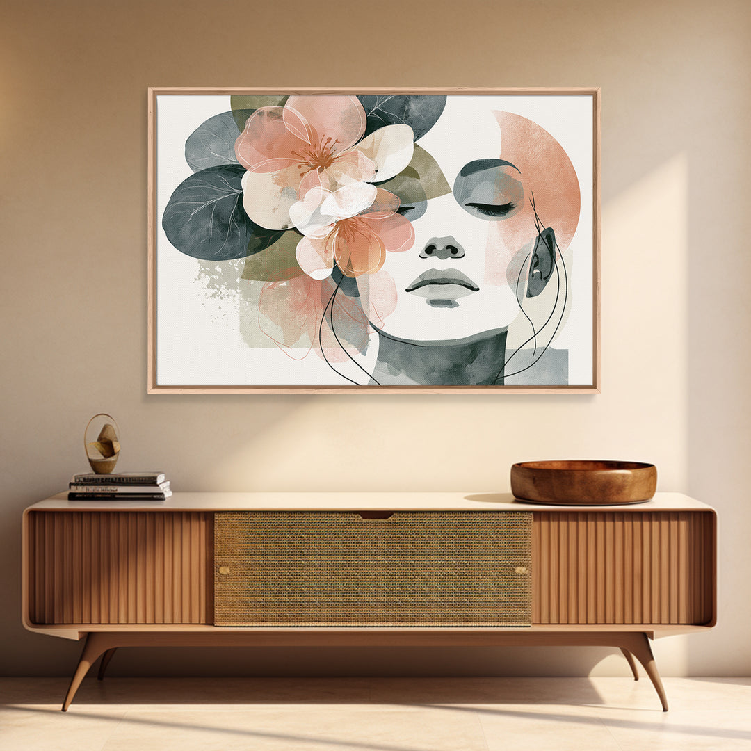 Minimal Face with Closed Eyes and Flowers Framed Canvas Print, Spa Art, Esthetician Decor, Spa Decor, Oil Painting, Serenity, SPA-3x2-23