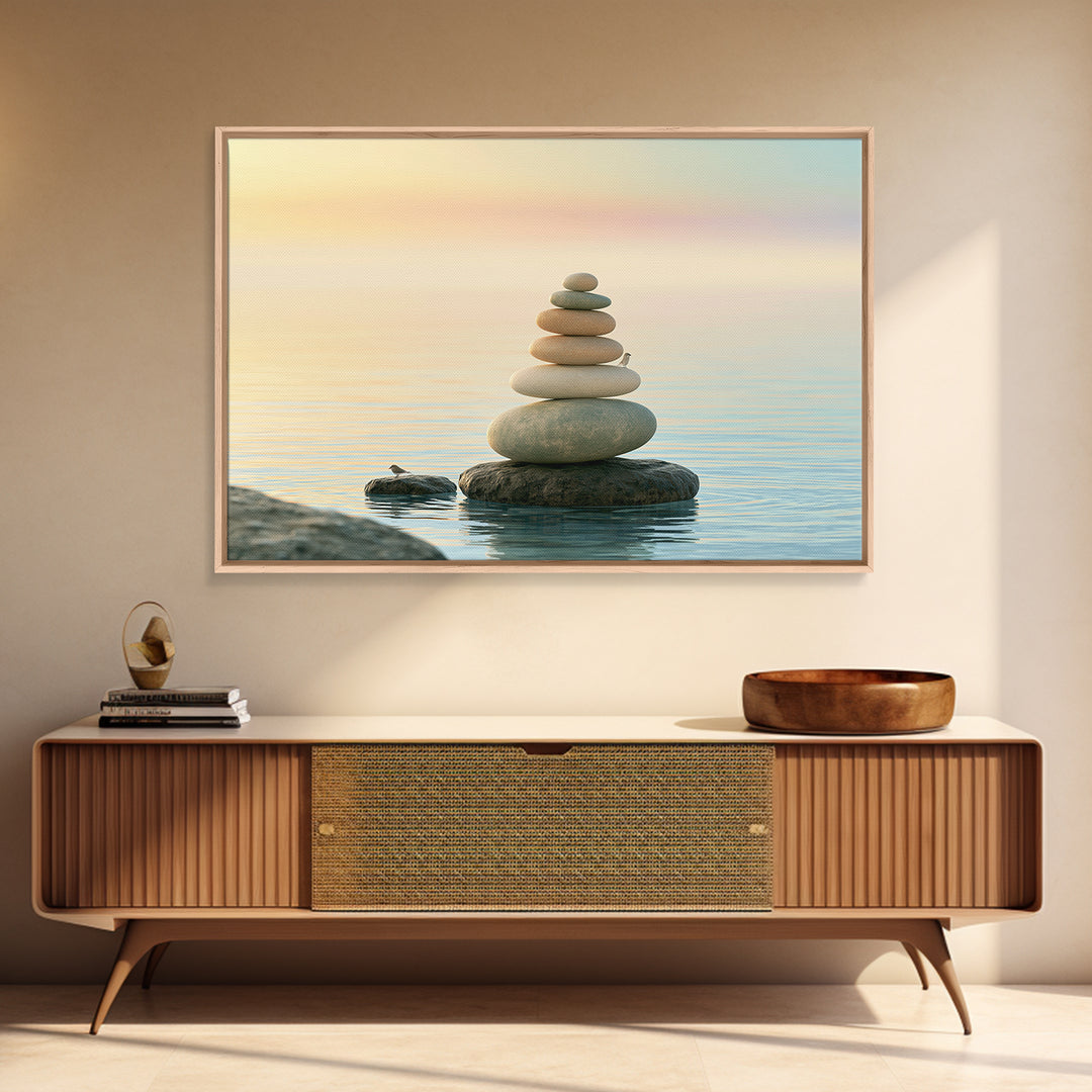 Stacked Stones Beside Calm Water Canvas Print, Spa Art, Modern Decor, Spa Decor, Fine Art, Serenity, Wall Decor, SPA-3x2-29