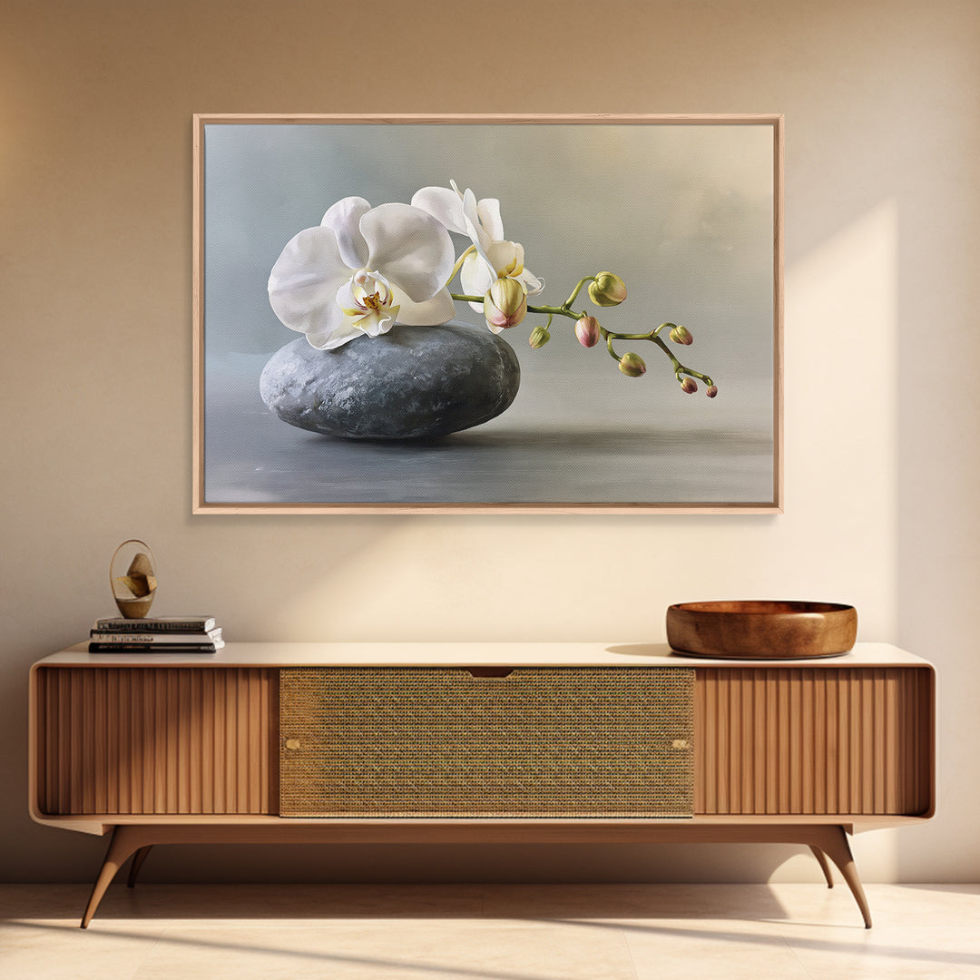 White Orchid on Smooth Gray Stone Canvas Print, Spa Art, Salon Decor, Spa Decor, Fine Art, Serenity, Statement Artwork, SPA-3x2-30