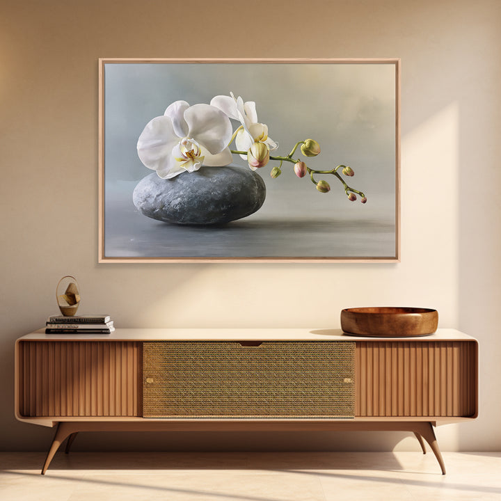 White Orchid on Smooth Gray Stone Canvas Print, Spa Art, Salon Decor, Spa Decor, Fine Art, Serenity, Statement Artwork, SPA-3x2-30