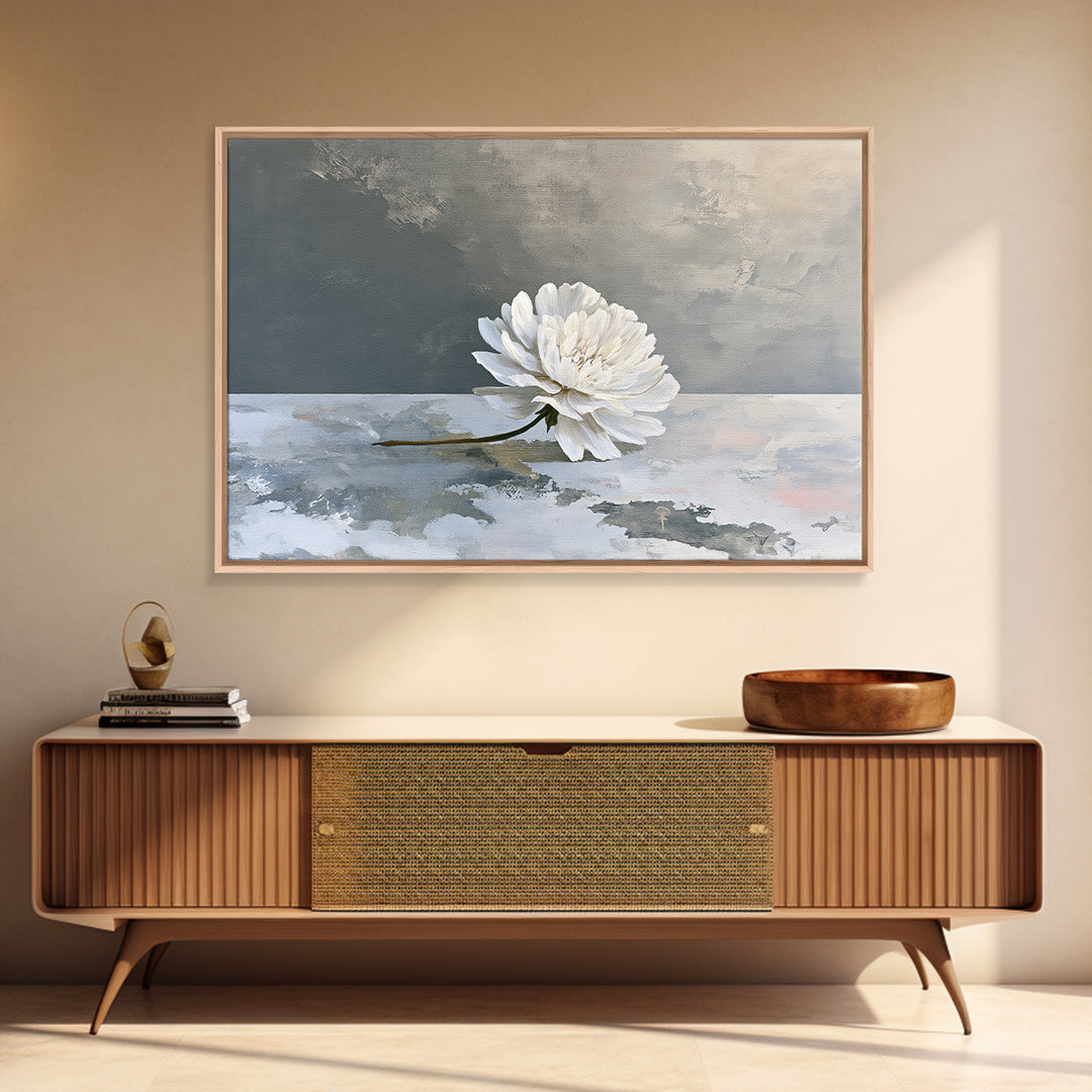 Single White Flower on Linen Ground Framed Canvas Print, Spa Art, Gallery Decor, Spa Decor, Fine Art, Serenity, Wall Art, SPA-3x2-45