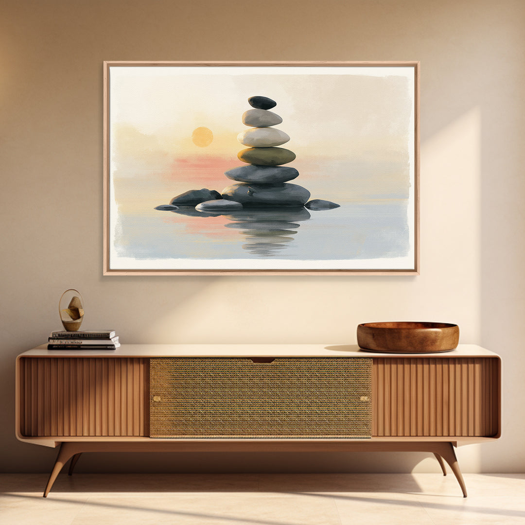 Stacked Stones Beside Calm Water Framed Canvas Print, Spa Art, Esthetician Decor, Spa Decor, Fine Art, Serenity, Room Decor, SPA-3x2-5