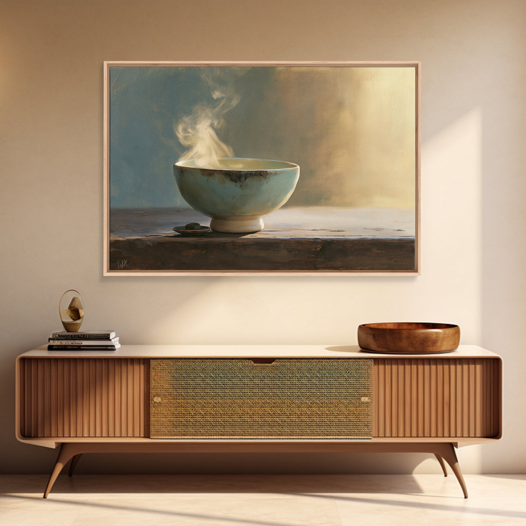 Tea Bowl and Steam Still Life Framed Canvas Print, Spa Art, Dog Groomer Gifts, Spa Decor, Oil Painting, Serenity, SPA-3x2-50