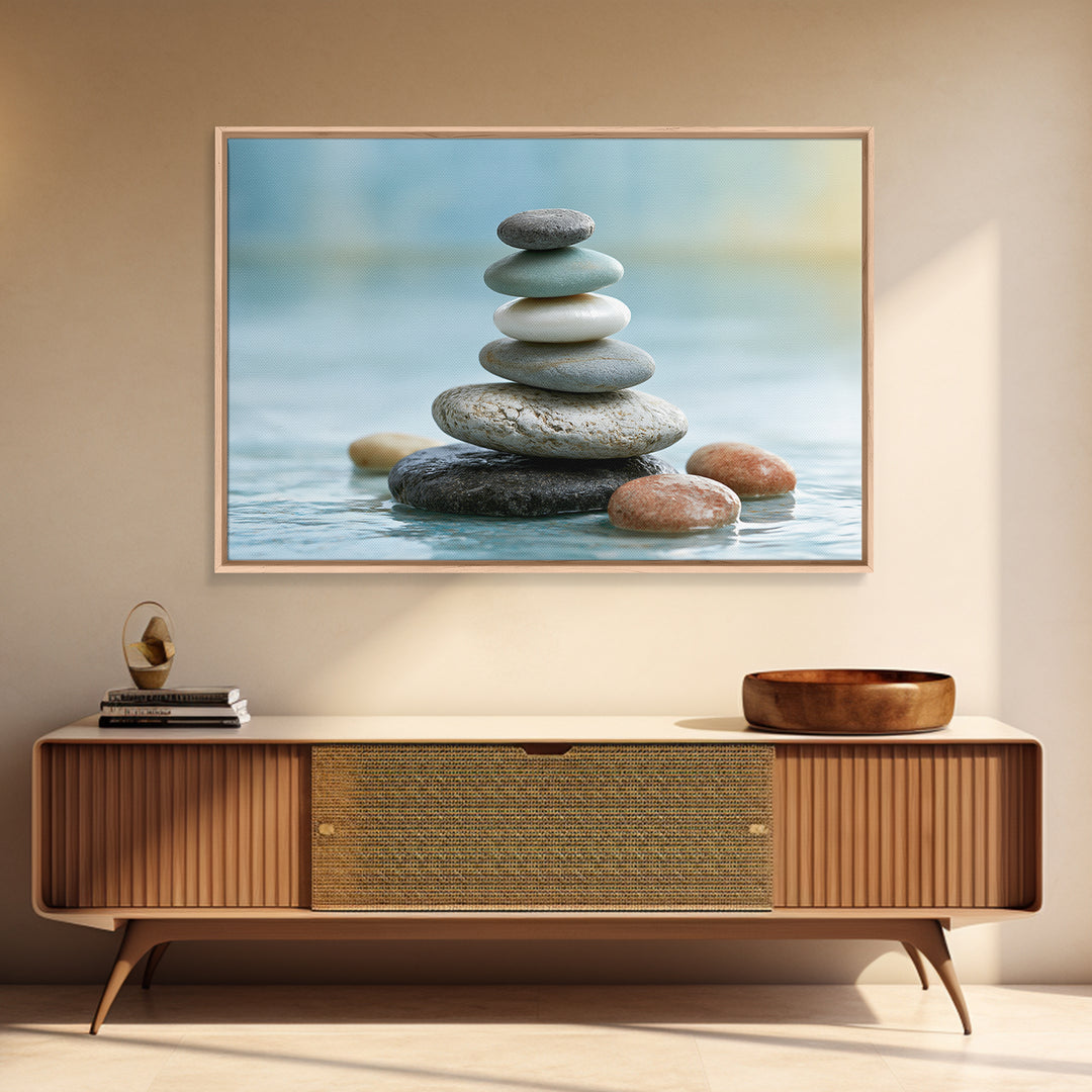 Stacked Stones Beside Calm Water Canvas Print, Spa Art, Modern Decor, Spa Decor, Fine Art, Serenity, Wall Decor, SPA-3x2-53