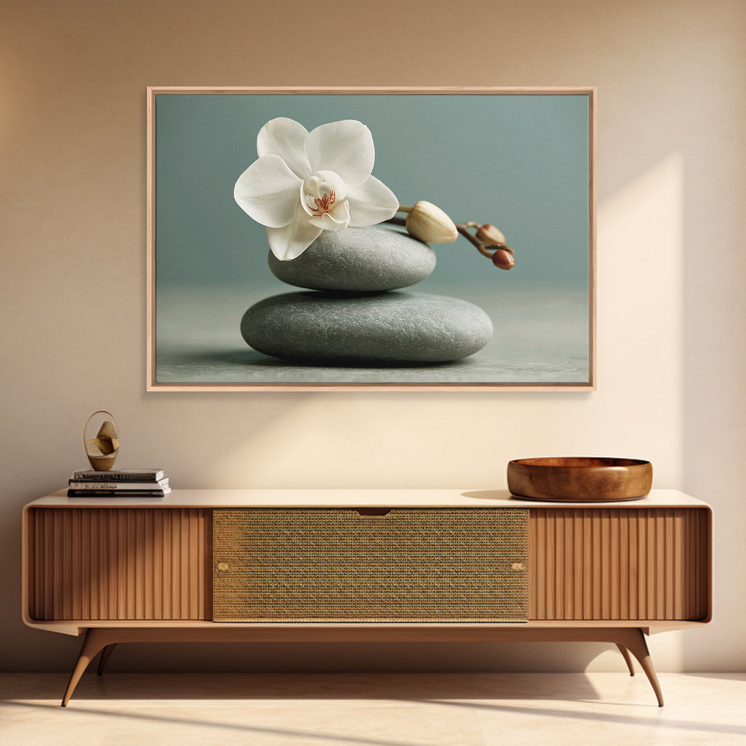 White Orchid on Smooth Gray Stone Framed Canvas Print, Spa Art, Feminine Wall Art, Spa Decor, Serenity, Hair Salon Wall Art, SPA-3x2-6
