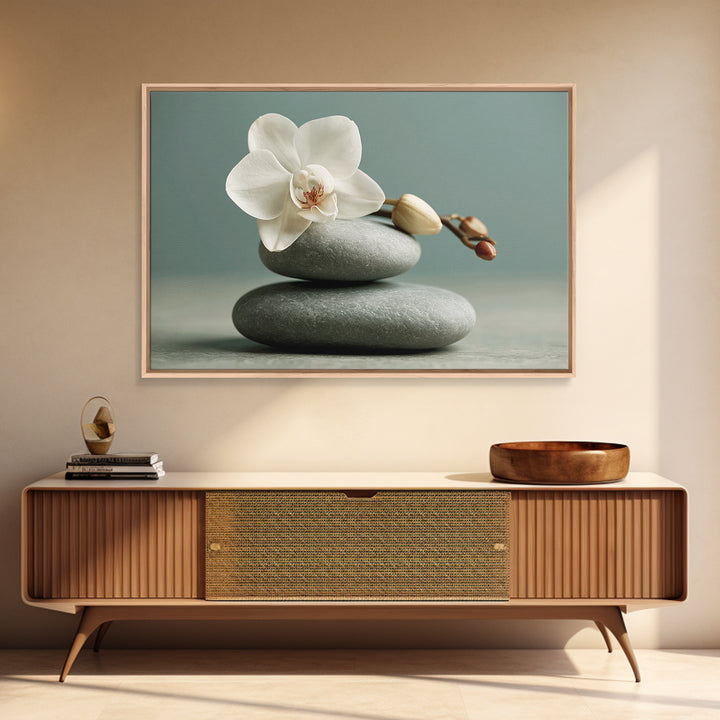 White Orchid on Smooth Gray Stone Framed Canvas Print, Spa Art, Feminine Wall Art, Spa Decor, Serenity, Hair Salon Wall Art, SPA-3x2-6