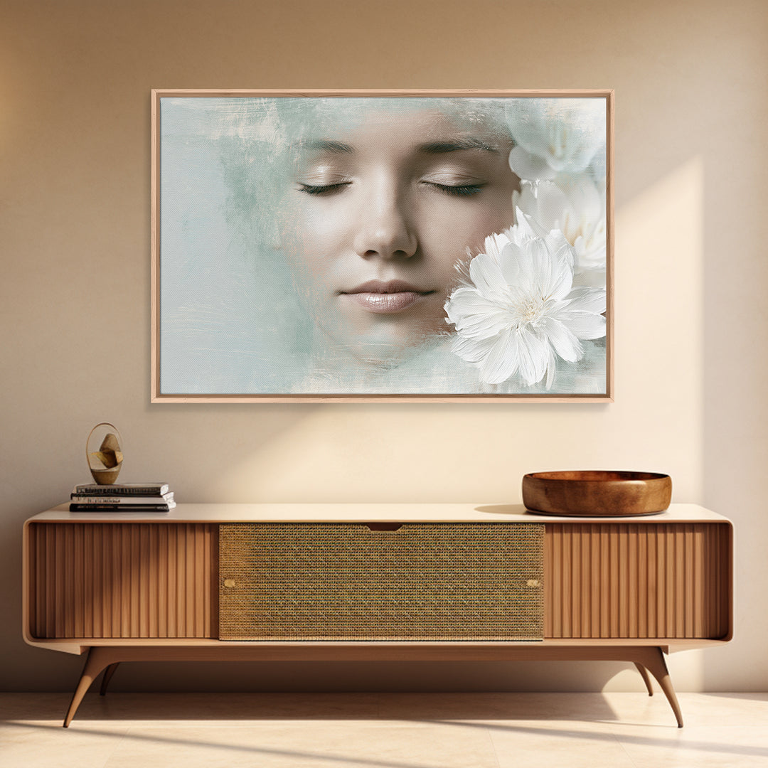Minimal Face with Closed Eyes and Flowers Framed Canvas Print, Spa Art, Wildlife Wall Art, Spa Decor, Fine Art, Serenity, SPA-3x2-71
