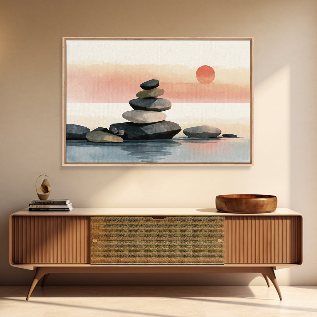 Stacked Stones Beside Calm Water Framed Canvas Print, Spa Art, Art Print, Spa Decor, Fine Art, Serenity, Botanical Art, SPA-3x2-77