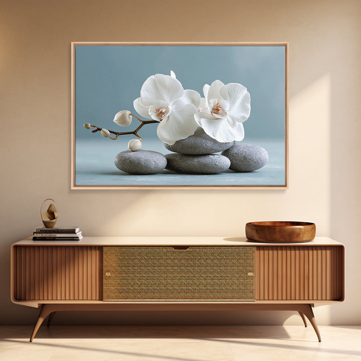 White Orchid on Smooth Gray Stone Framed Canvas Print, Spa Art, Tarot Card Art, Spa Decor, Fine Art, Serenity, SPA-3x2-78