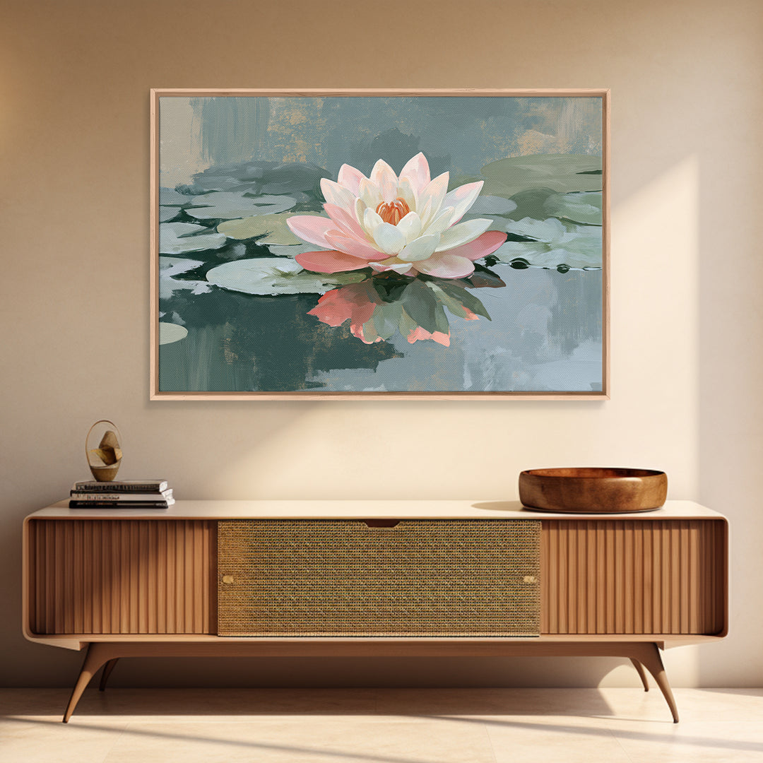 Lotus Flower Floating on Still Pond Framed Canvas Print, Spa Art, Home Decor, Spa Decor, Fine Art, Serenity, Dog Wall Art, SPA-3x2-80
