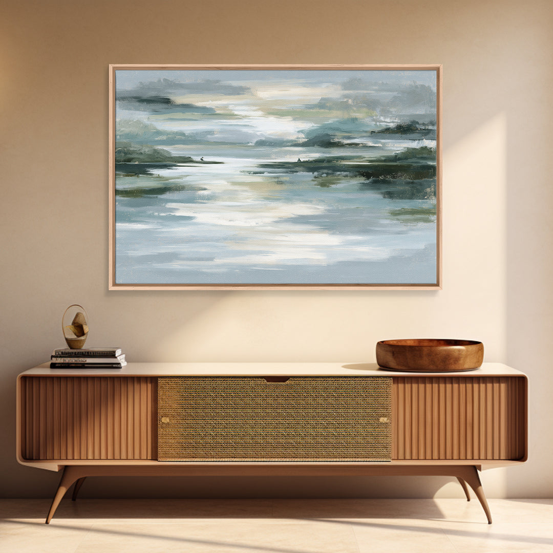 Moonlit Lake Reflection Framed Canvas Print, Spa Art, Abstract, Spa Decor, Watercolor Art, Serenity, City Art, Spa Wall Art, SPA-3x2-99