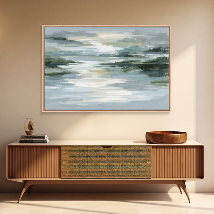 Moonlit Lake Reflection Framed Canvas Print, Spa Art, Abstract, Spa Decor, Watercolor Art, Serenity, City Art, Spa Wall Art, SPA-3x2-99