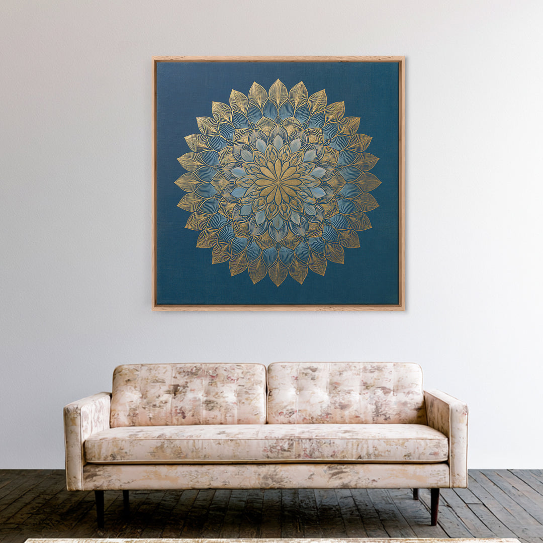 Gold Mandala on Deep Blue Background Framed Canvas Print, Spiritual Art, Art Prints, Living Room Decor, Oil Painting, Spirit, SPI-1x1-28